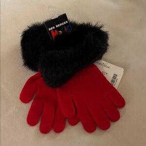Ben Berger Red Knit Gloves with Black Faux Fur Cuff